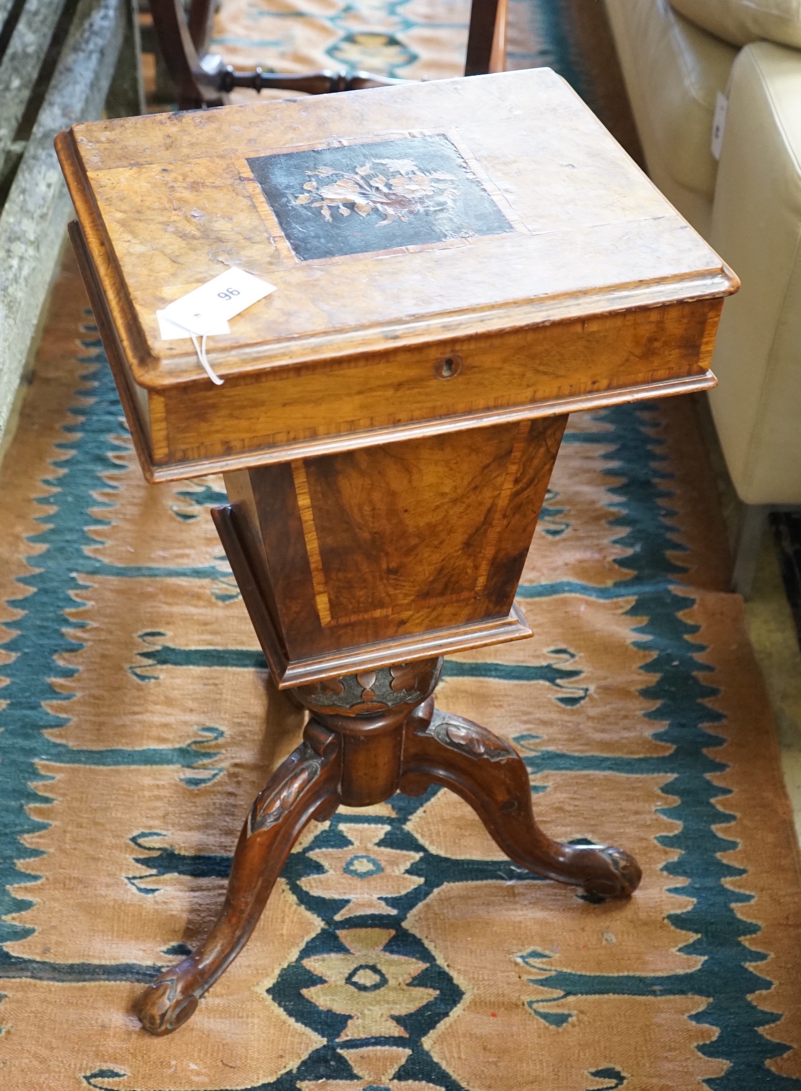 A Victorian marquetry inlaid walnut work box, width 40cm, depth 32cm, height 74cm